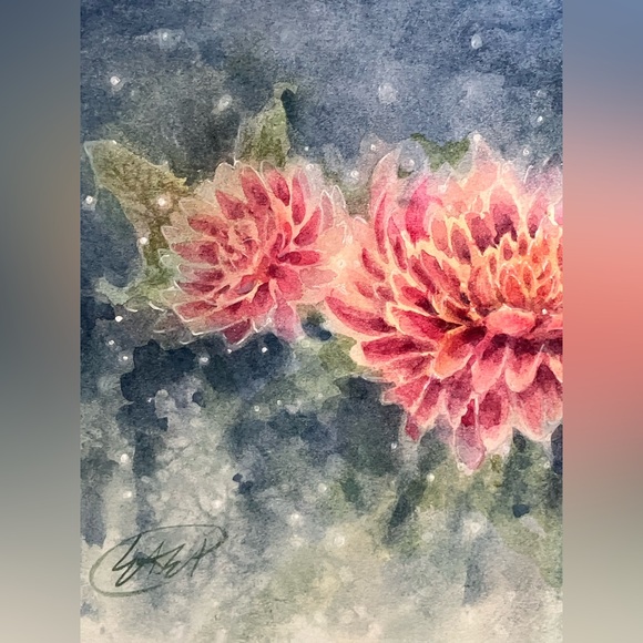 Original Chrysanthemum floral watercolor handmade home decor artwork Artettina - Picture 2 of 8